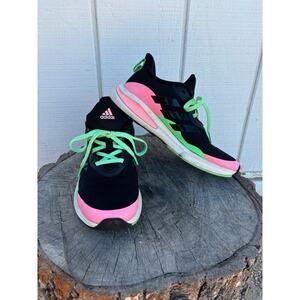 Adidas Girls FortaRun Black & Neon Running Shoes Sneakers, Sz 6‎